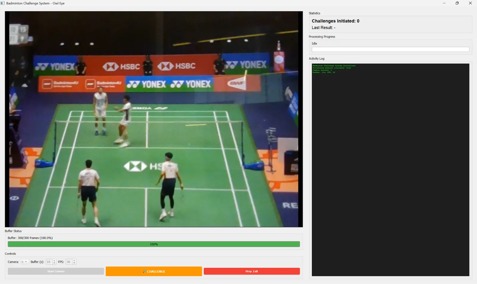 The shipped Owl Eye desktop app: SoloShuttlePose's court grid, pose skeletons, and tracked shuttle position overlaid on a live camera feed, with a challenge button that triggers the landing-detection pipeline.