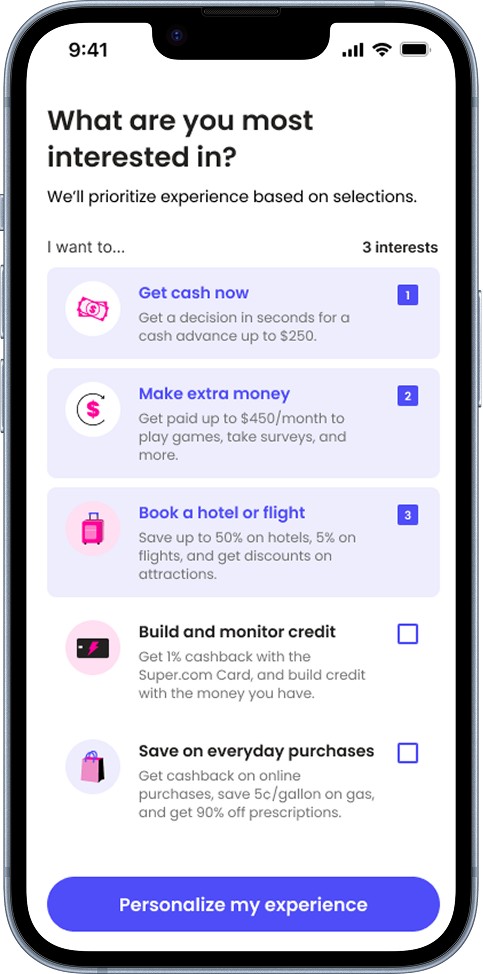 Onboarding screen asking new users what they are most interested in, to prioritize the experience by motivation
