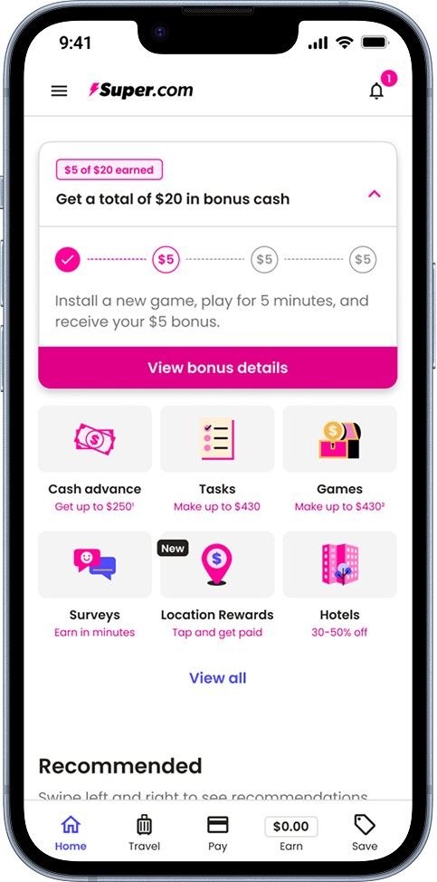 The Super.com home screen, with cash advance, tasks, games, surveys, location rewards, and hotels all competing for the same users attention