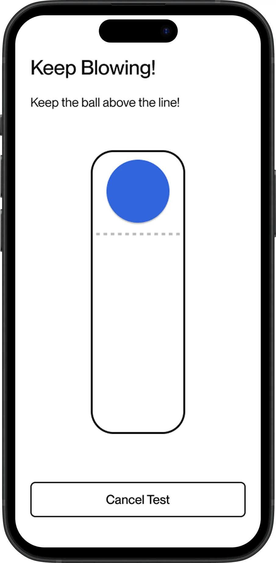 The in-test game: keep a blue ball above a target line by blowing harder