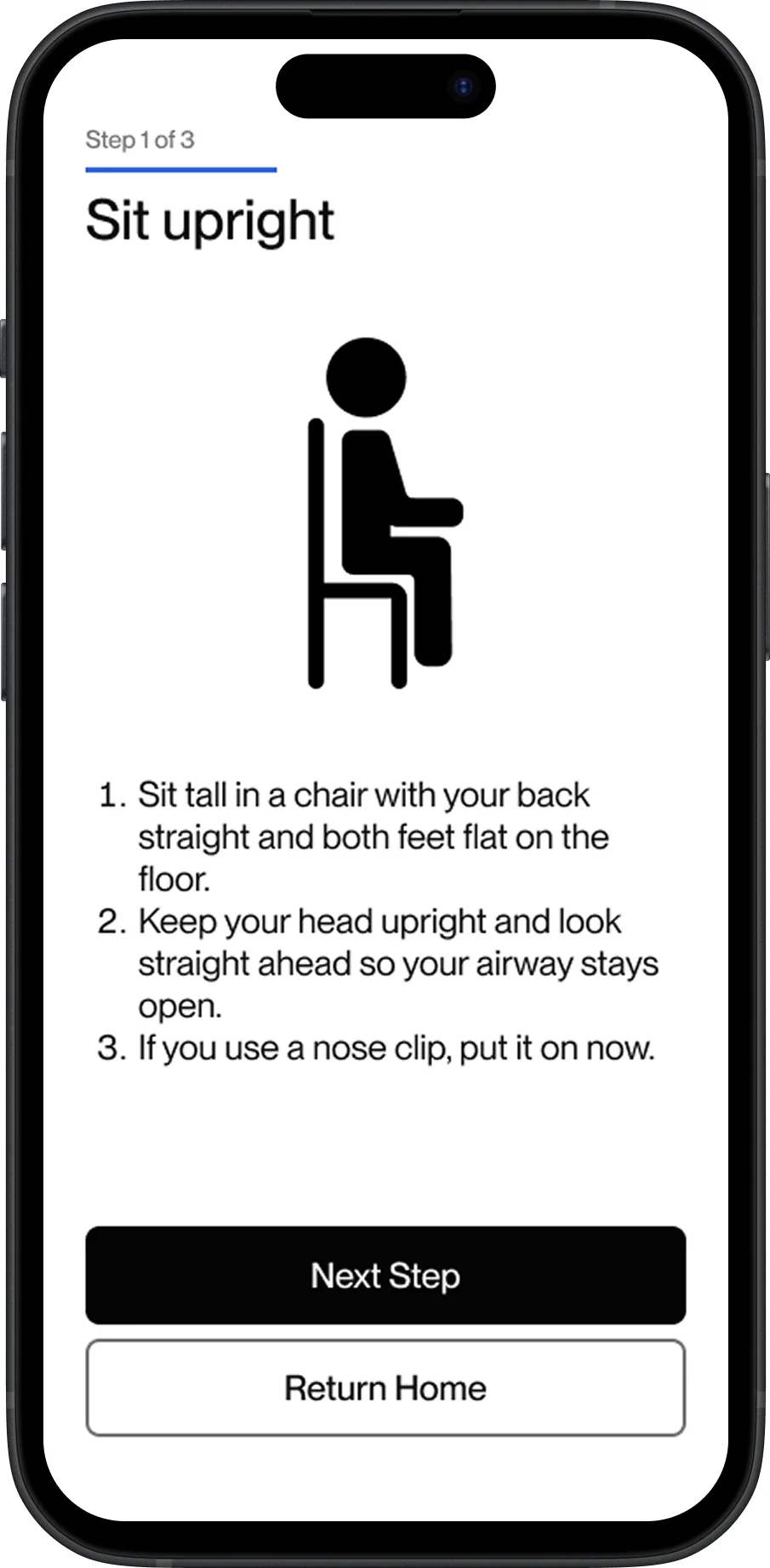 Plain-language test setup instructions with a simple posture icon