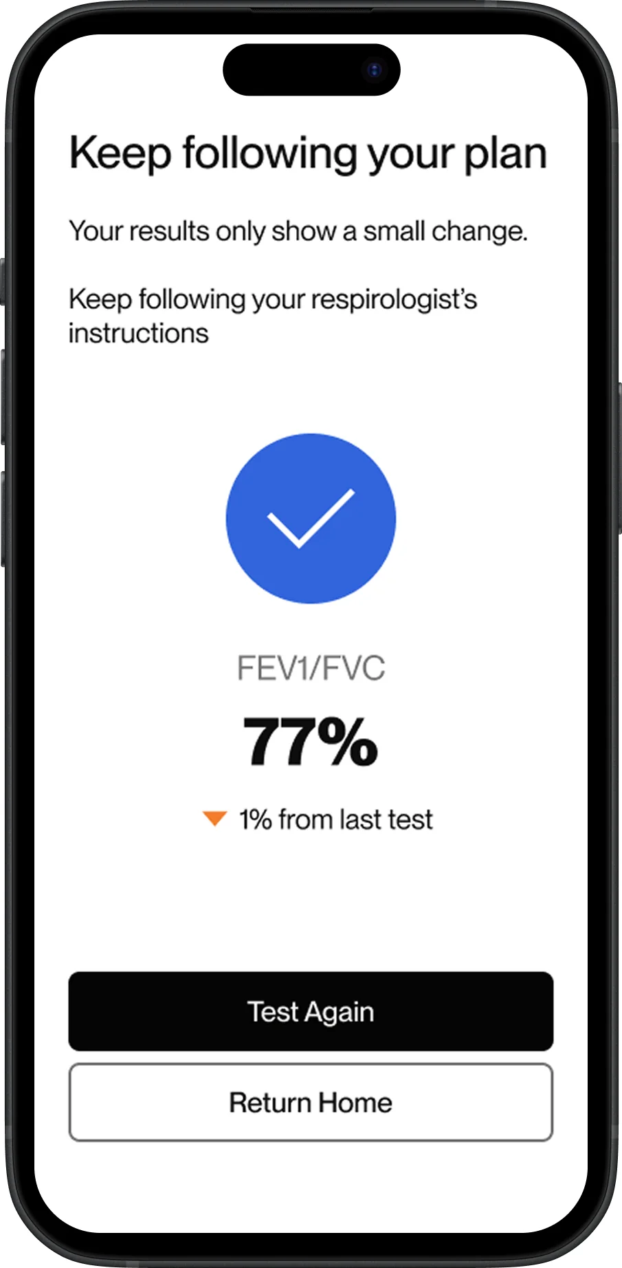 Results screen showing FEV1/FVC and change from the last test