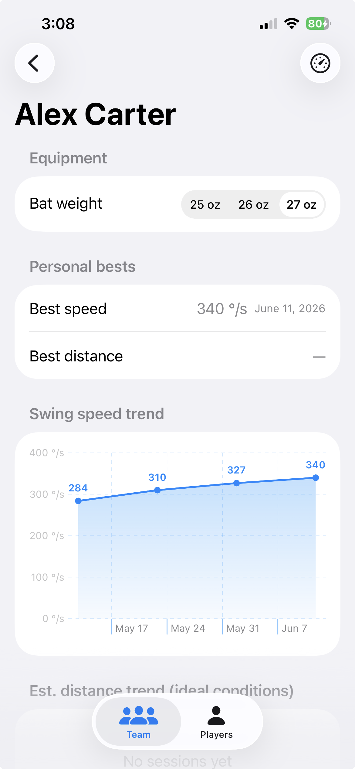 Player detail with swing-speed trend chart